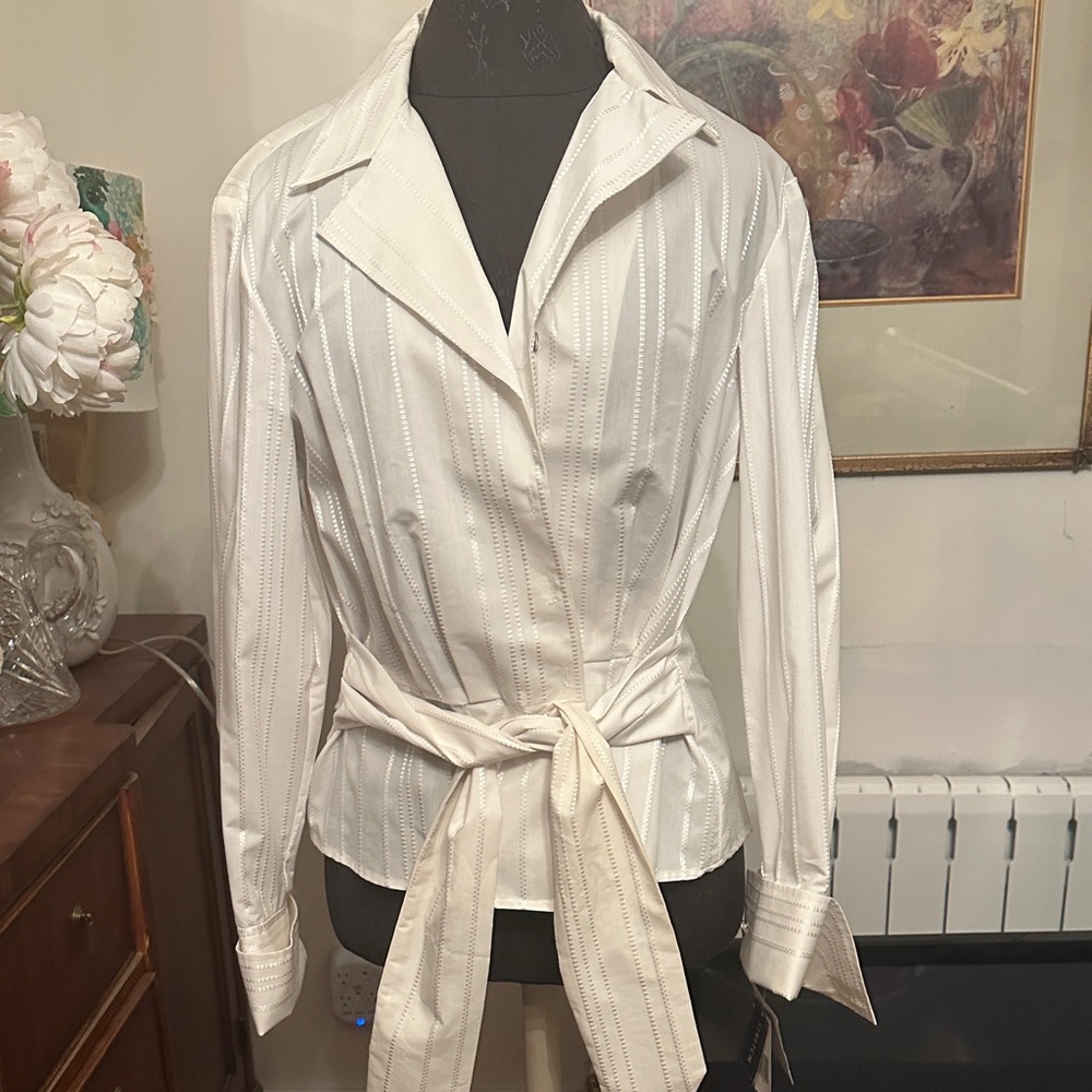 Jones New York White Striped Button-Up Blouse XL